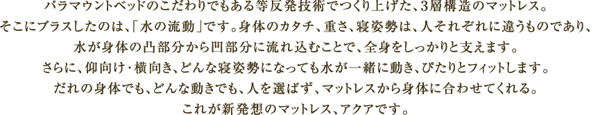 パラマウントベッドのこだわりでもある等反発技術でつくり上げた、３層構造のマットレス。そこにプラスしたのは、「水の流動」です。身体のカタチ、重さ、寝姿勢は、人それぞれに違うものであり、水が身体の凸部分から凹部分に流れ込むことで、全身をしっかりと支えます。さらに、仰向け・横向き、どんな寝姿勢になっても水が一緒に動き、ぴたりとフィットします。だれの身体でも、どんな動きでも、人を選ばず、マットレスから身体に合わせてくれる。これが新発想のマットレス、アクアです。